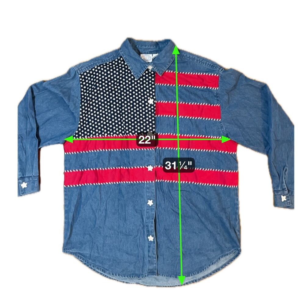 Vintage American Flag Stars Stripes Denim Shirt Red White Blue Large USA July 4 - Picture 4 of 9